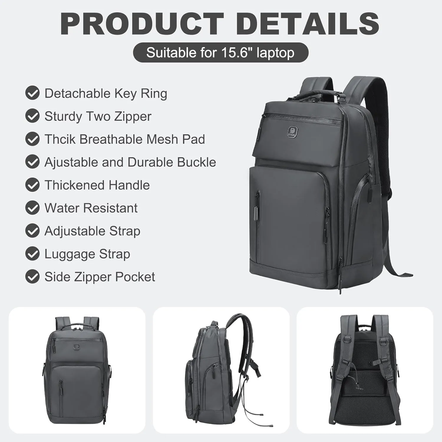Large Capacity Water Resistant Laptop Backpack, 17 Inch Airplane Approved Durable Bag for College, Business Travel, Light Gray