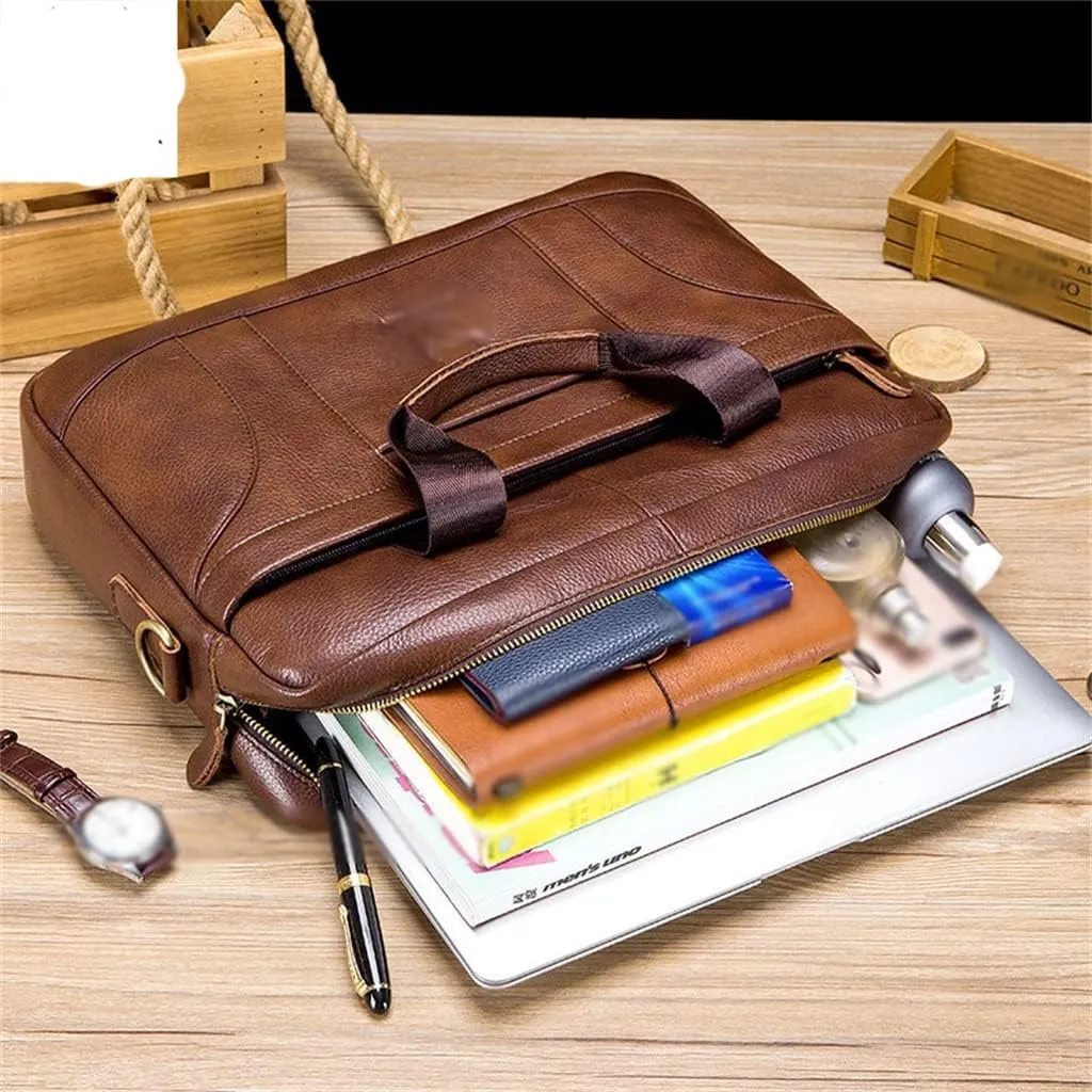 Layer Cowhide Leather Men's Handheld Briefcase Large Capacity Business Leisure Retro Leather Shoulder Cross Bag