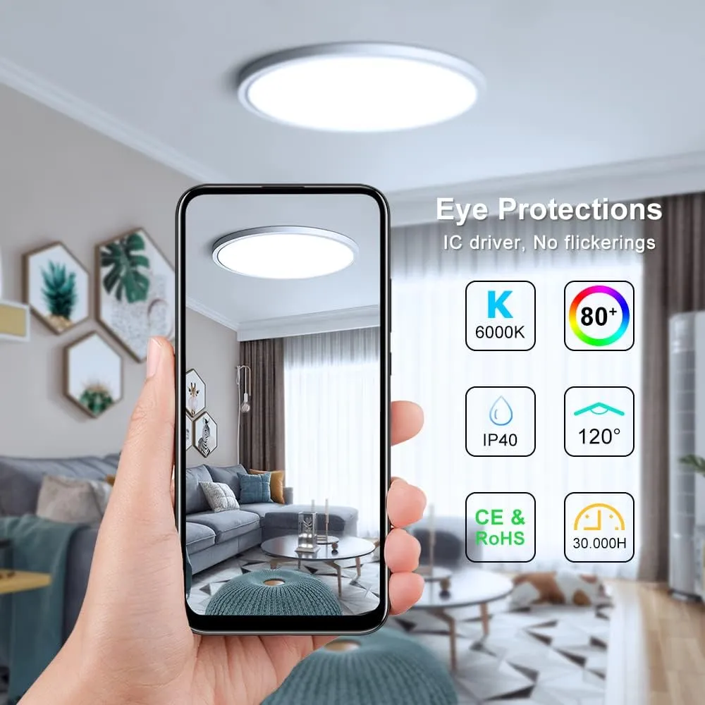 LED Ceiling Light Flush Mount, 12inch 24W 6000K Cold White Ceiling Light, 3200LM Bright Round Lighting Fixtures, Flat Slim Ceiling Lights for Bedroom Kitchen Living Room Stairwell