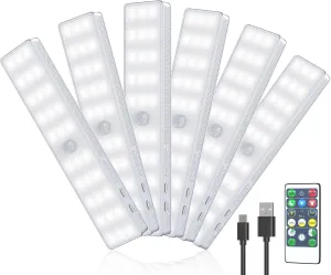LED Closet Light, 6 Pcs 30LEDs Dimmer Rechargeable Motion Sensor Under Cabinet Lighting with Remote Control, Wireless Stick-Anywhere Night Safe Light Bar for Wardrobe,Kitchen