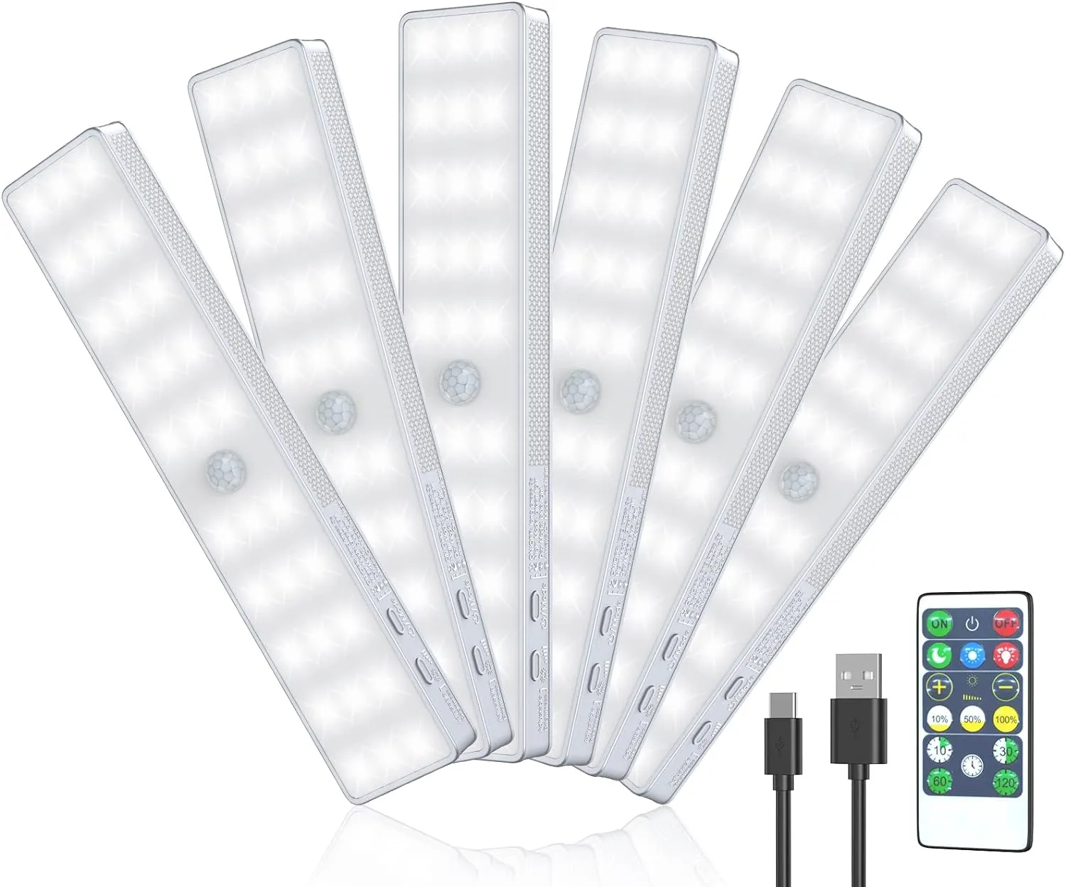 LED Closet Light, 6 Pcs 30LEDs Dimmer Rechargeable Motion Sensor Under Cabinet Lighting with Remote Control, Wireless Stick-Anywhere Night Safe Light Bar for Wardrobe,Kitchen