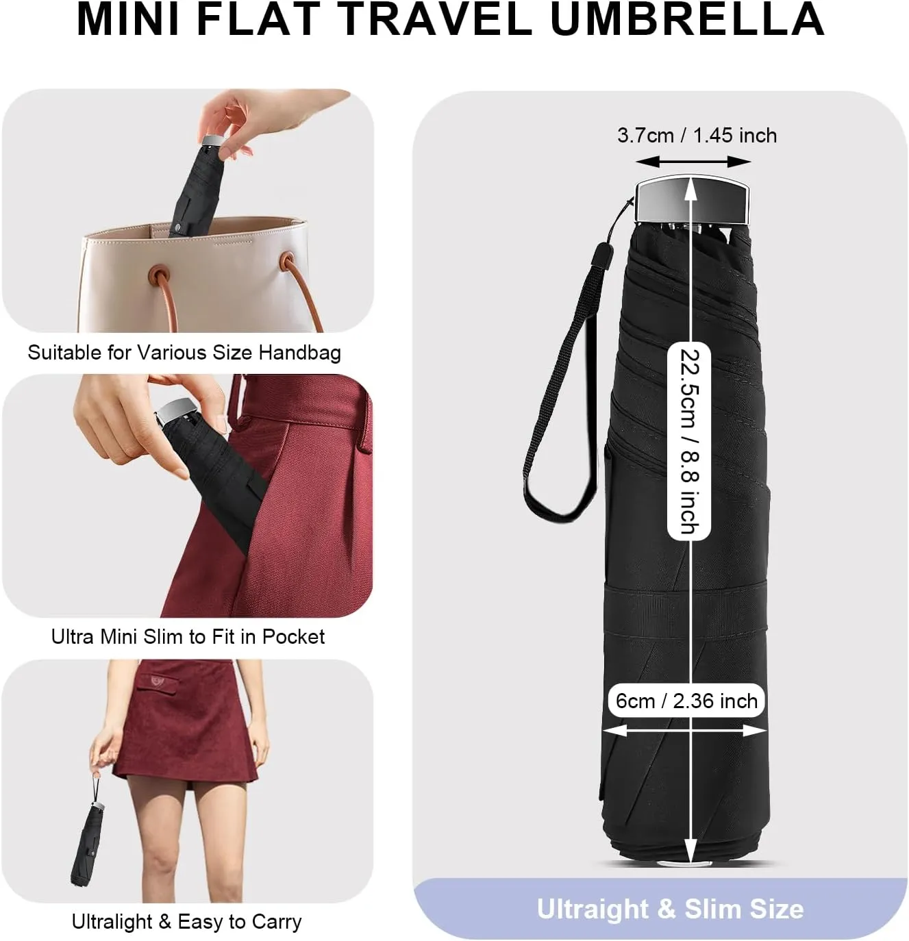 Lejorain Travel Mini Umbrella for Purse - Black Compact Durable Cool Teflon Light Weight Flat Backpacking Umbrella Portable Paraguas