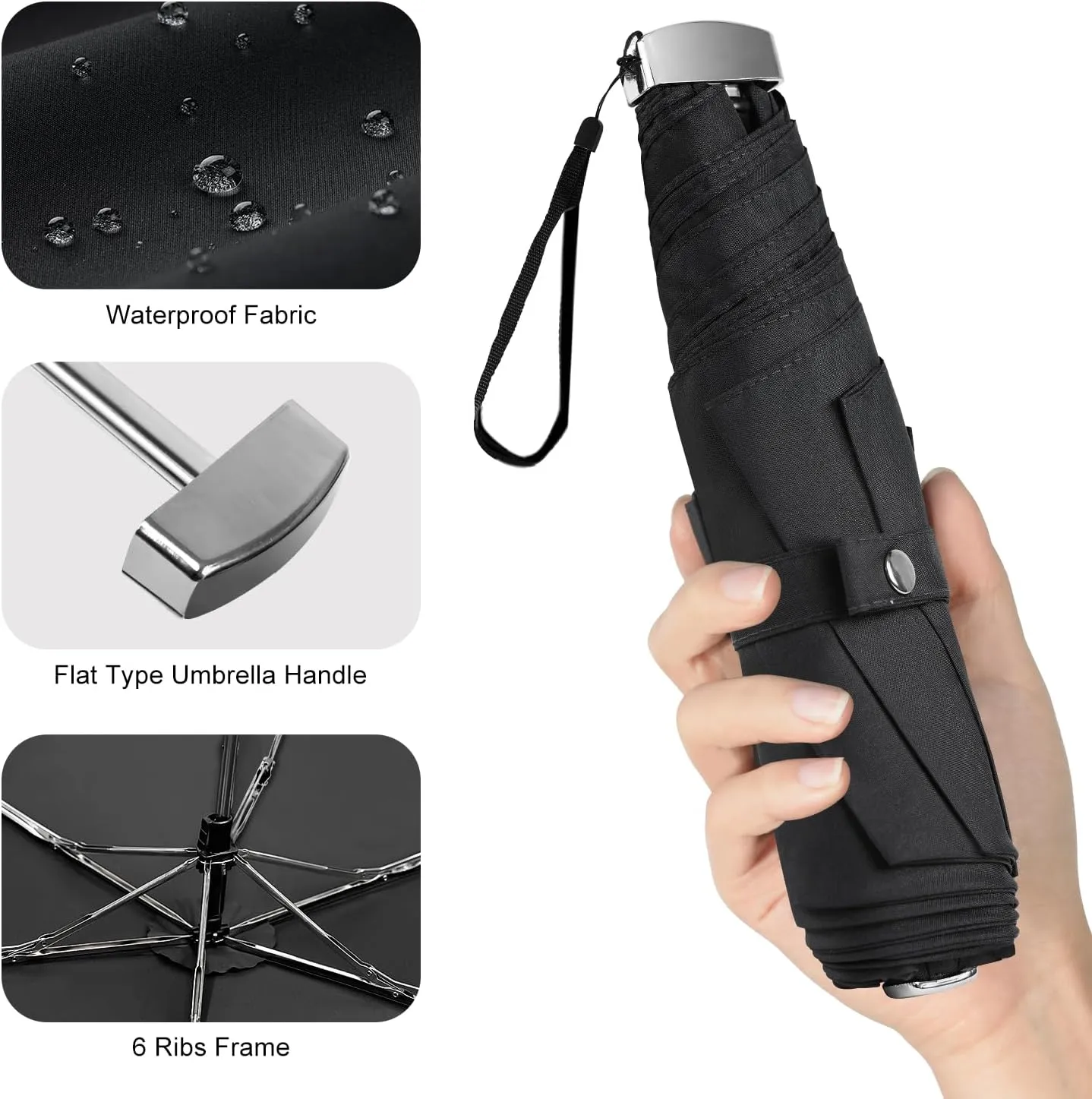Lejorain Travel Mini Umbrella for Purse - Black Compact Durable Cool Teflon Light Weight Flat Backpacking Umbrella Portable Paraguas