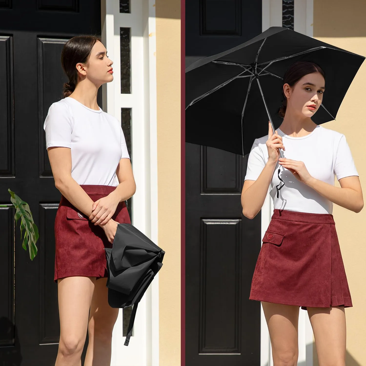 Lejorain Travel Mini Umbrella for Purse - Black Compact Durable Cool Teflon Light Weight Flat Backpacking Umbrella Portable Paraguas
