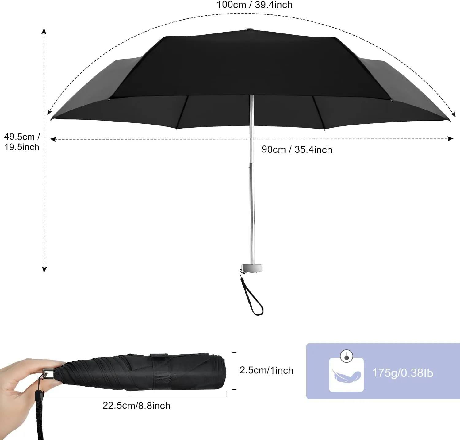 Lejorain Travel Mini Umbrella for Purse - Black Compact Durable Cool Teflon Light Weight Flat Backpacking Umbrella Portable Paraguas