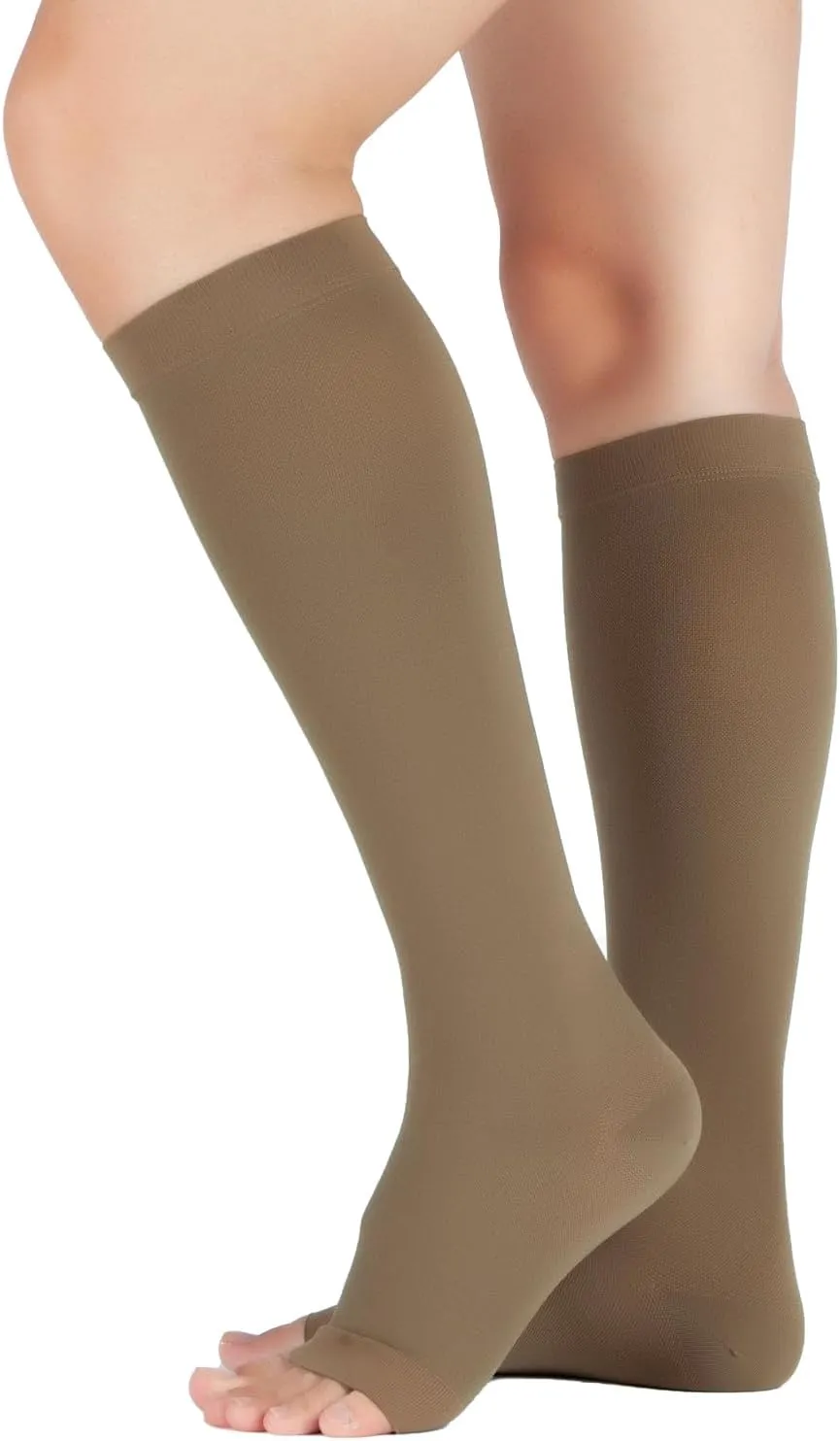 LIN PERFORMANCE 20-30 mmHg Medical Compression Socks for Women and Men Knee High Open Toe Stockings for Varicose Vein Swollen legs (XL,Khaki)