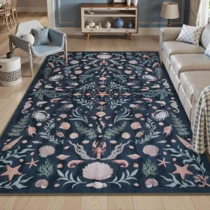 LIVEBOX Vintage Coastal Machine Washable 5x7 Area Rugs for Living Room, Non Slip Soft Deep Blue Low Pile Farmhouse Ocean Beach Kids Rugs for Bedroom Indoor, Carpet Rugs for Dining Room