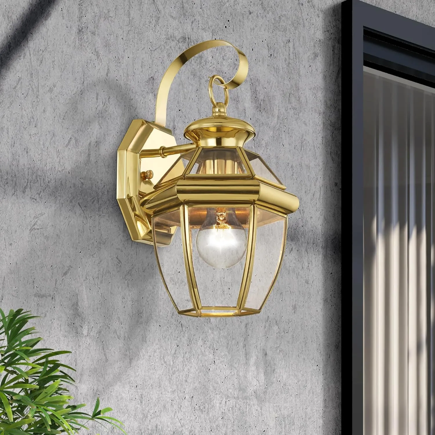 Livex Lighting 2051-02 Monterey 1 Light Outdoor Polished Brass Finish Solid Brass Wall Lantern with Clear Beveled Glass, Gold