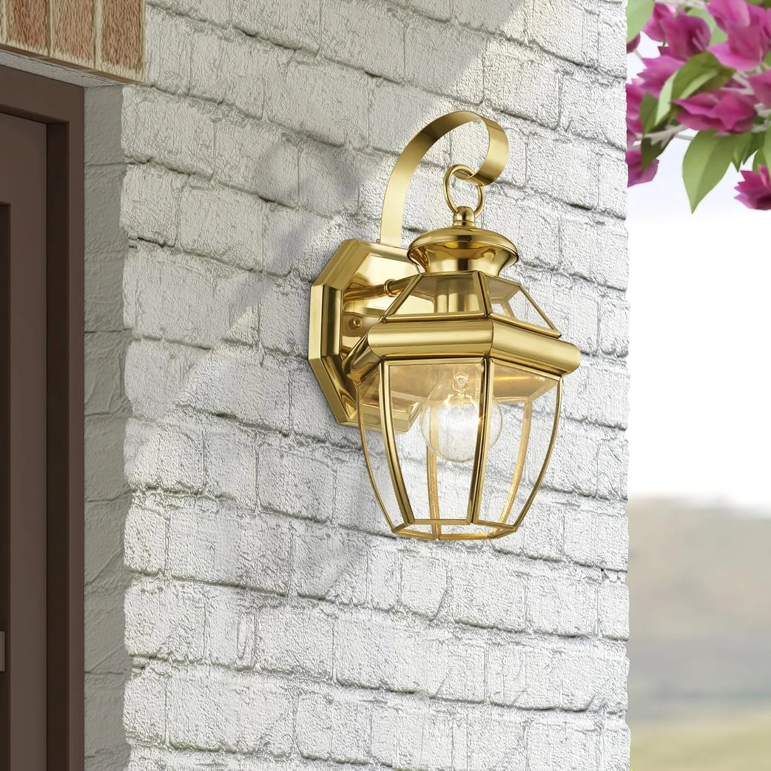 Livex Lighting 2051-02 Monterey 1 Light Outdoor Polished Brass Finish Solid Brass Wall Lantern with Clear Beveled Glass, Gold
