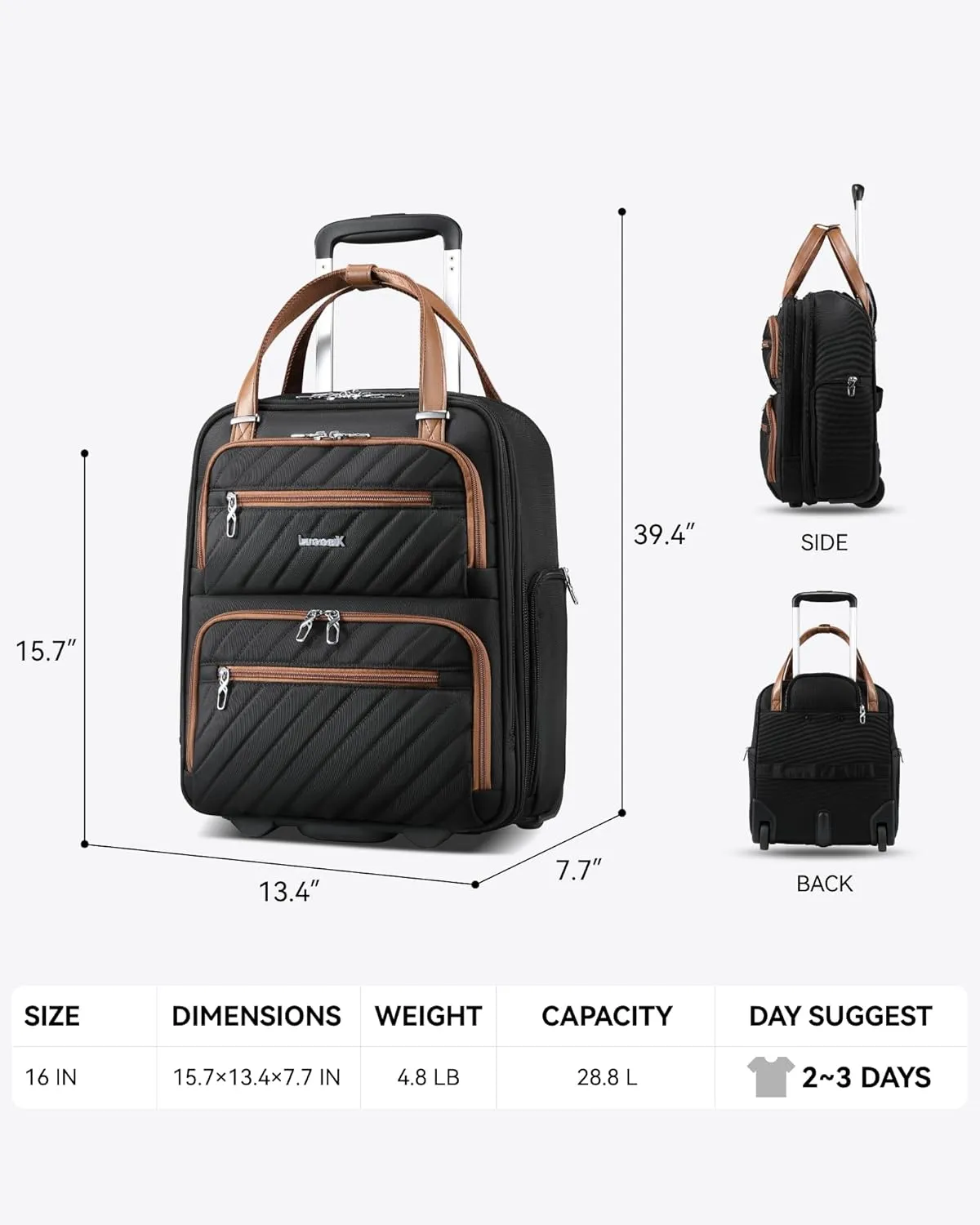 LUGGEX Underseat Carry On Luggage with Wheels, Stylish Lightweight Under Seat Luggage, Soft Sided Personal Item Suitcase for Short Trip (Chestnut Black, 16 Inch)