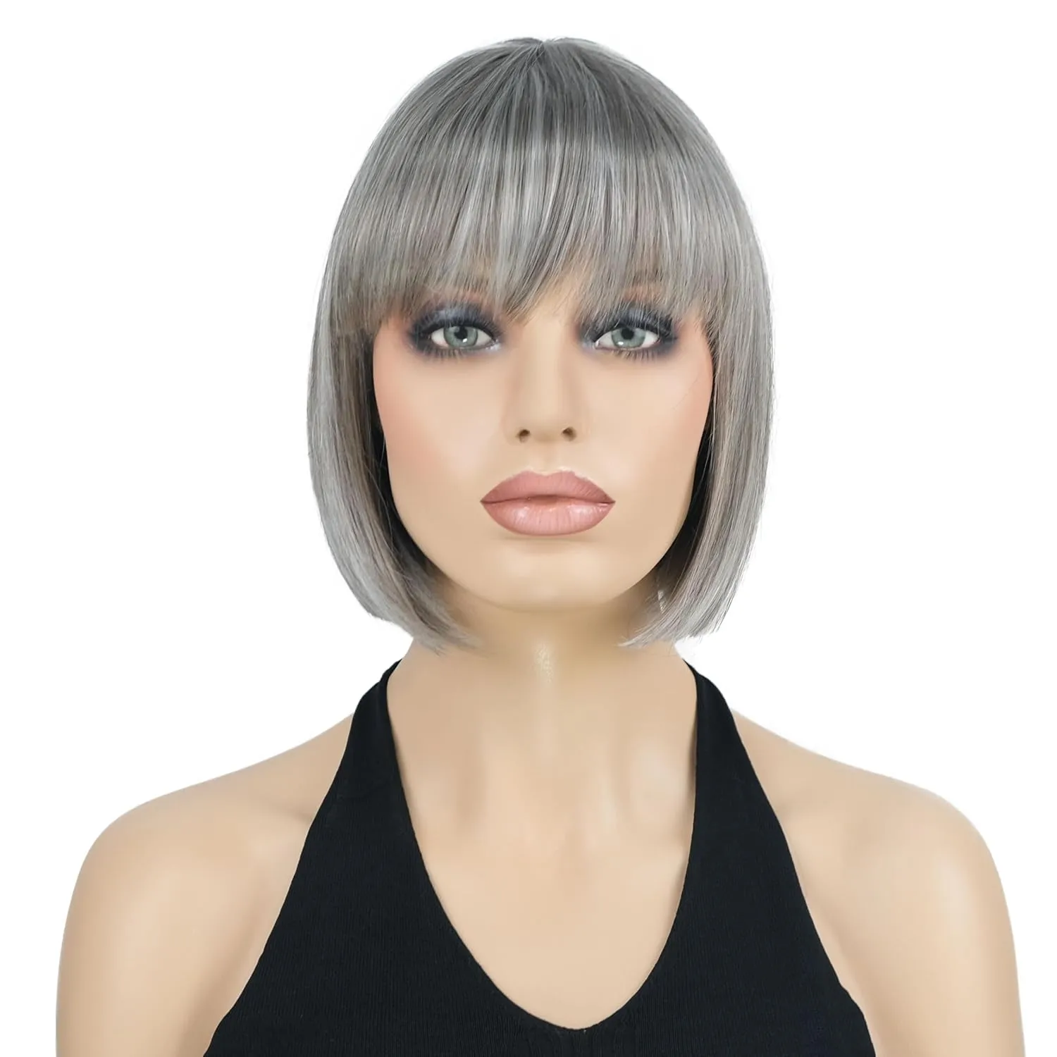 Lydell 8" Straight Short Bob Hair Flat Bangs Cute Central Dot Skin Top Heat Resistant Synthetic Wigs (48T Light Gray with Dark Root)