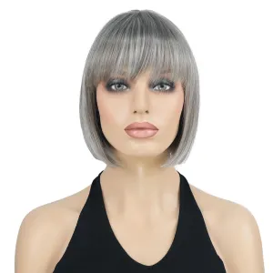 Lydell 8" Straight Short Bob Hair Flat Bangs Cute Central Dot Skin Top Heat Resistant Synthetic Wigs (48T Light Gray with Dark Root)
