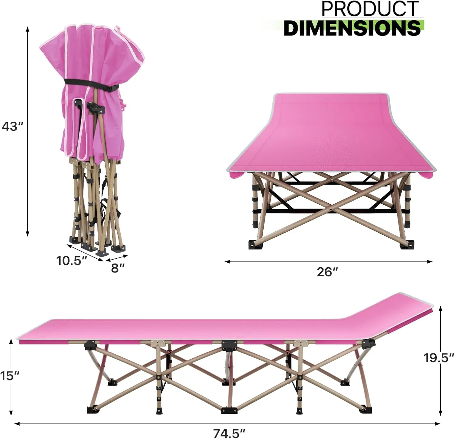 Magshion 75" Camping Cot for Adults, Folding Sleeping Cot, Lightweight Portable for Outdoor Camping with Detachable Pillow and Side Pocket for Travel Home Office Picnic, Supports 360 lbs, Pink