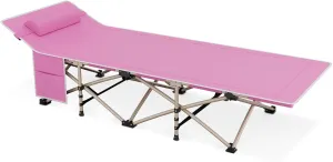 Magshion 75" Camping Cot for Adults, Folding Sleeping Cot, Lightweight Portable for Outdoor Camping with Detachable Pillow and Side Pocket for Travel Home Office Picnic, Supports 360 lbs, Pink