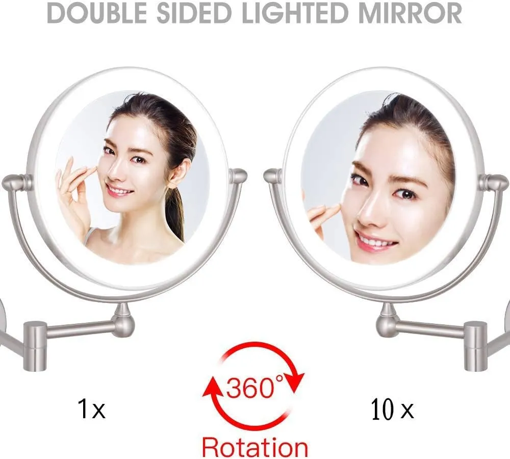 Makeup Mirror with Led Lights 10X, Makeup Mirror Wall Mounted, Round Makeup Mirror 360 Rotation, for Makeup, Shaving, Facial Care