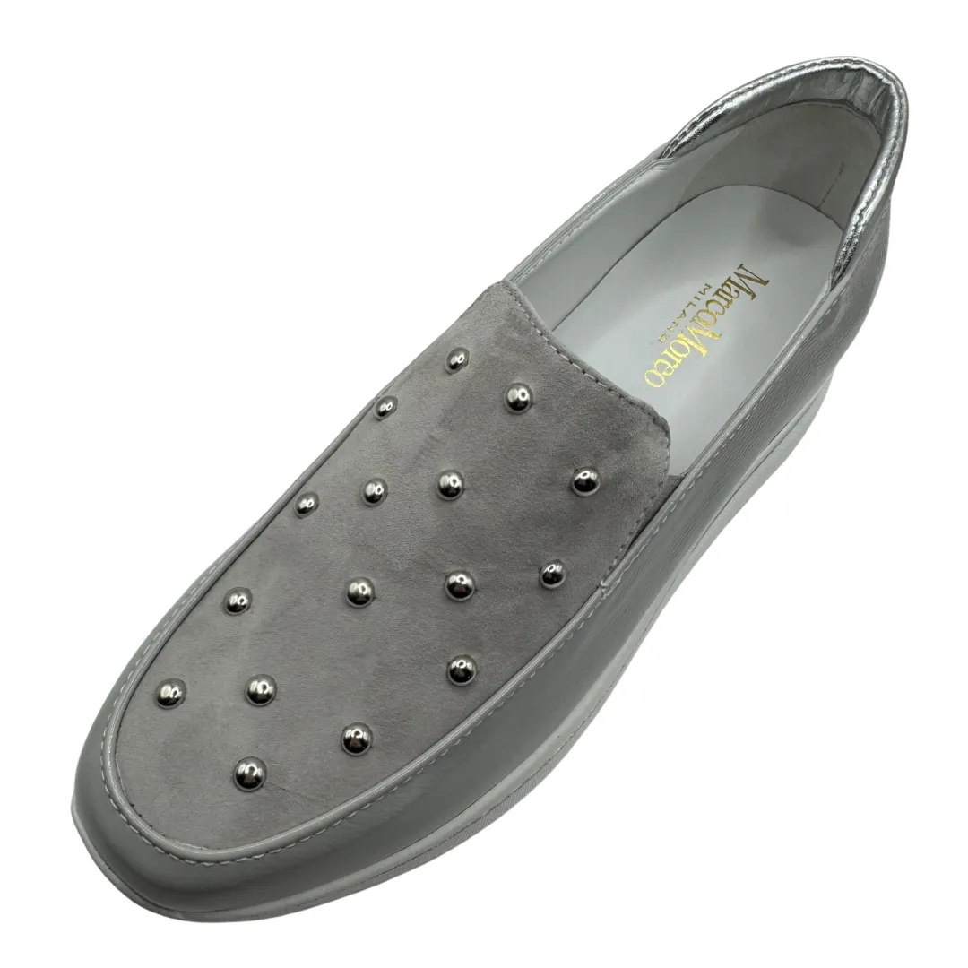 Marco Moreo Light Grey Wedge Loafers with Stud Detail