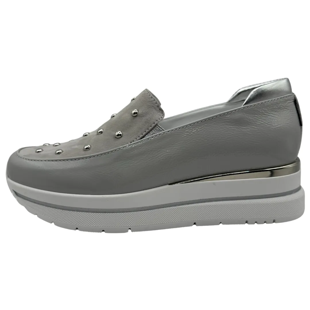 Marco Moreo Light Grey Wedge Loafers with Stud Detail