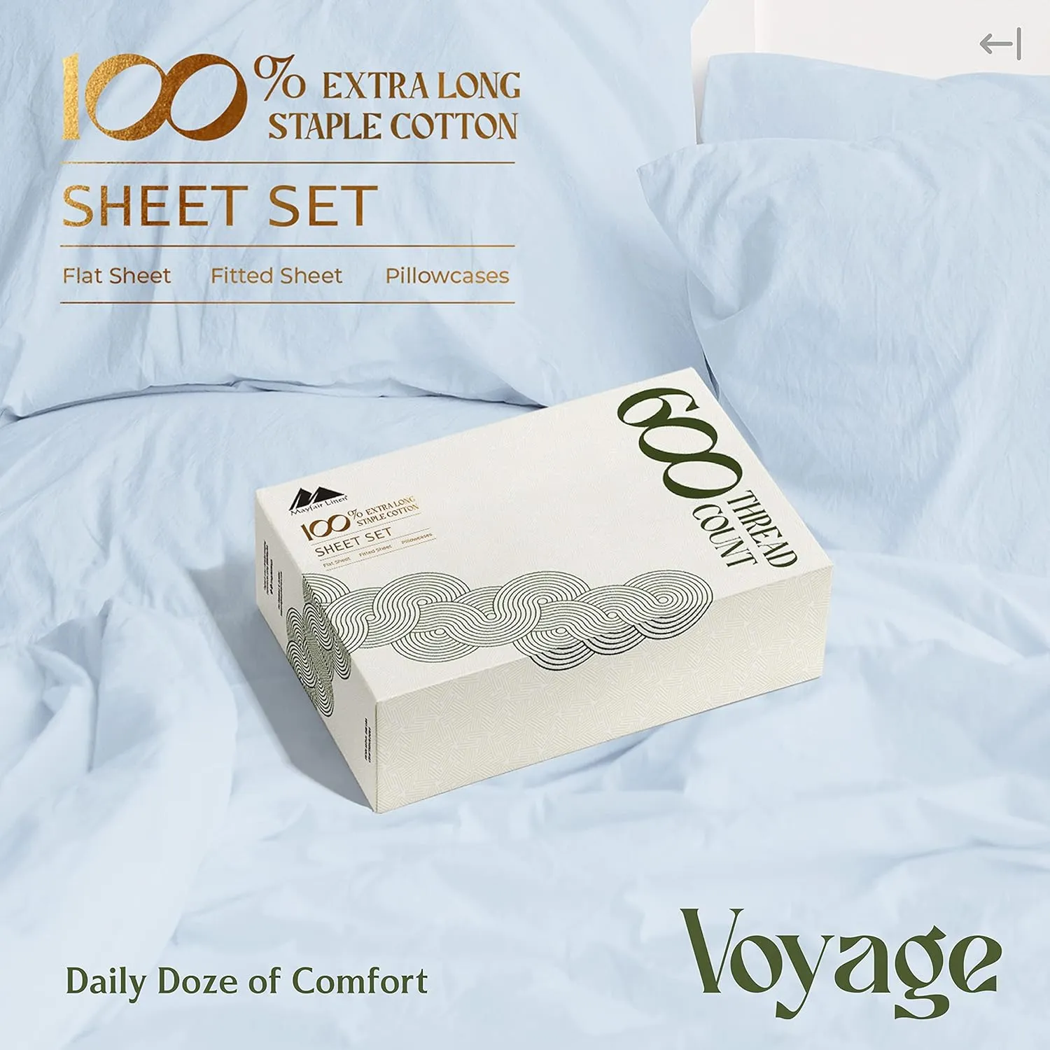 Mayfair Linen 100% Egyptian Cotton Queen Size Sheet Set - 4 PC 600 Thread Count Egyptian Cotton Sheets Set for Queen Size Bed (Light Blue), Soft, Cooling, Luxury Hotel 16" Deep Pocket Sateen Bedsheet