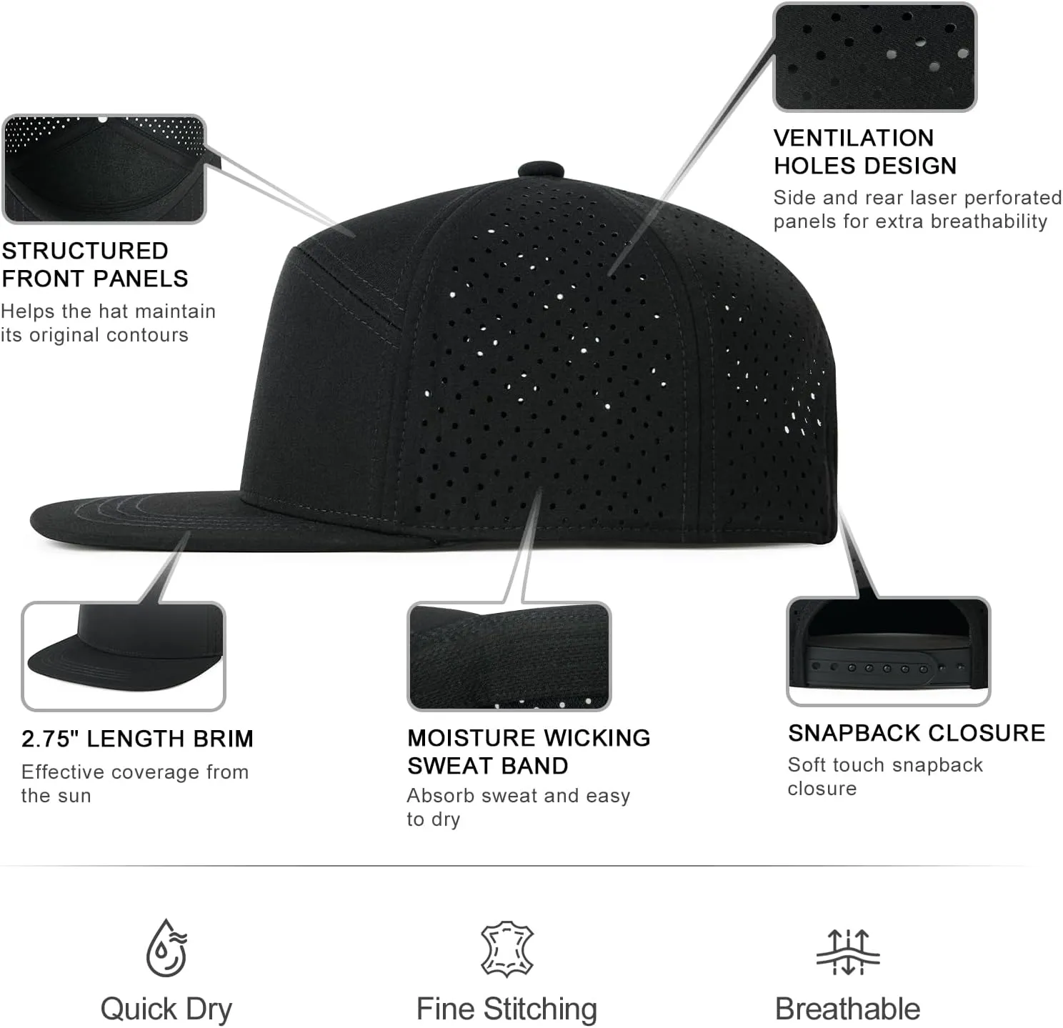 Men Flat Brim Adjustable Performance Hat Snapback Laser Perforated Baseball Cap