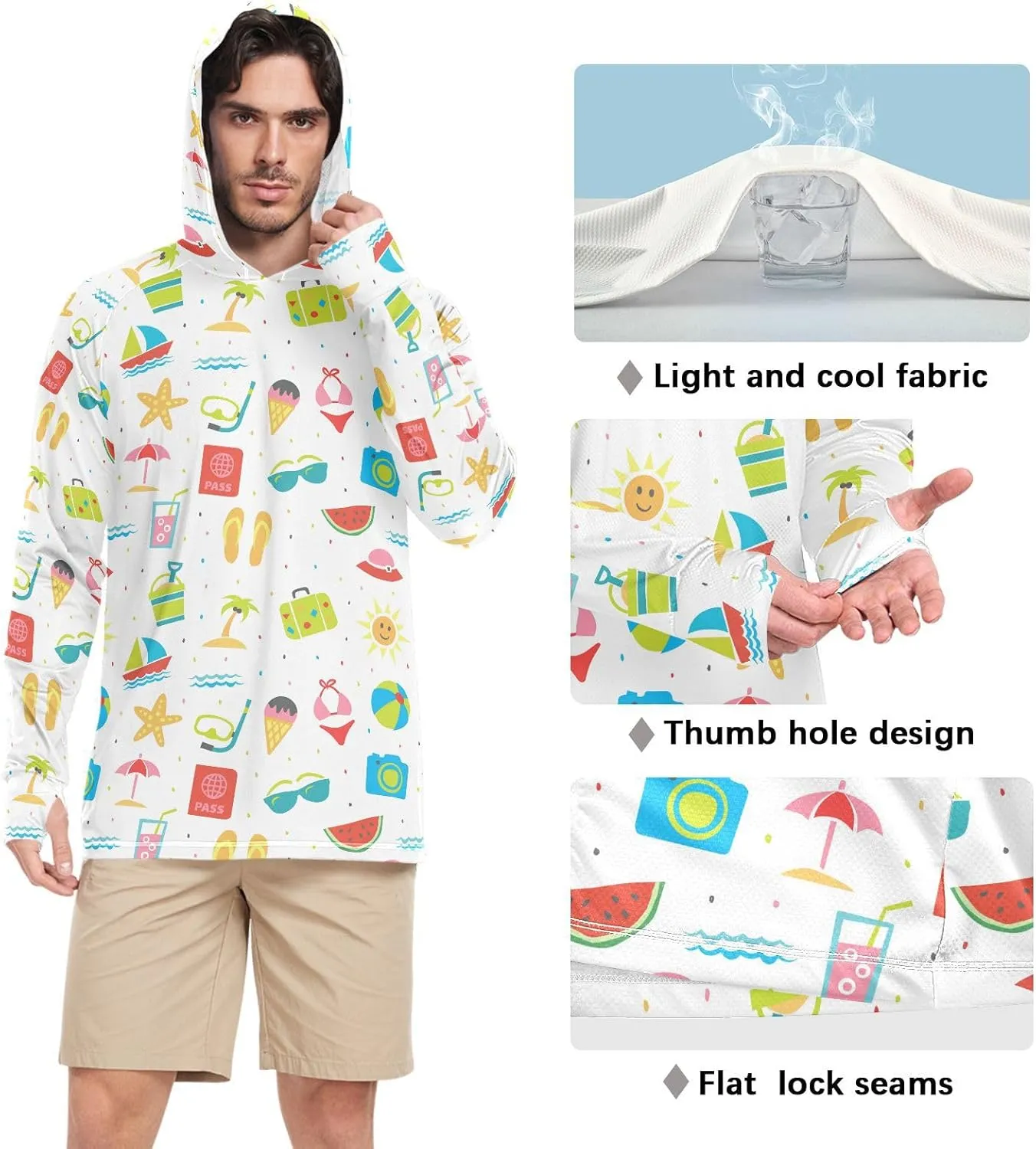 Men Sun Protection Hoodies Long Sleeve Summer Pattern UPF 50   Mens Sun Shirts Clothing Hood Shirts Rash Guard Men UV