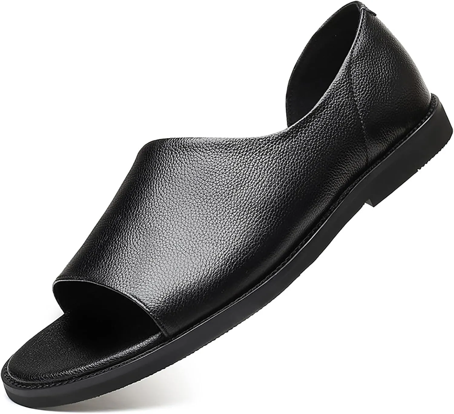 Men's Genuine Leather Cutout Water Shoes Slip On Flat Comfortable Open Toe Outdoor Casual Beach Light Weight Fisherman Sandals