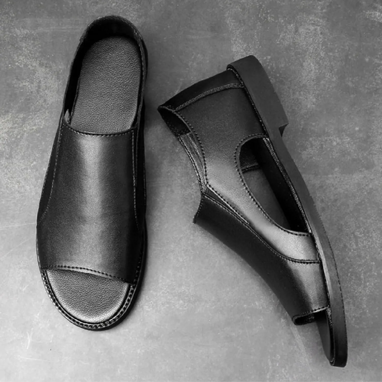 Men's Genuine Leather Cutout Water Shoes Slip On Flat Comfortable Open Toe Outdoor Casual Beach Light Weight Fisherman Sandals