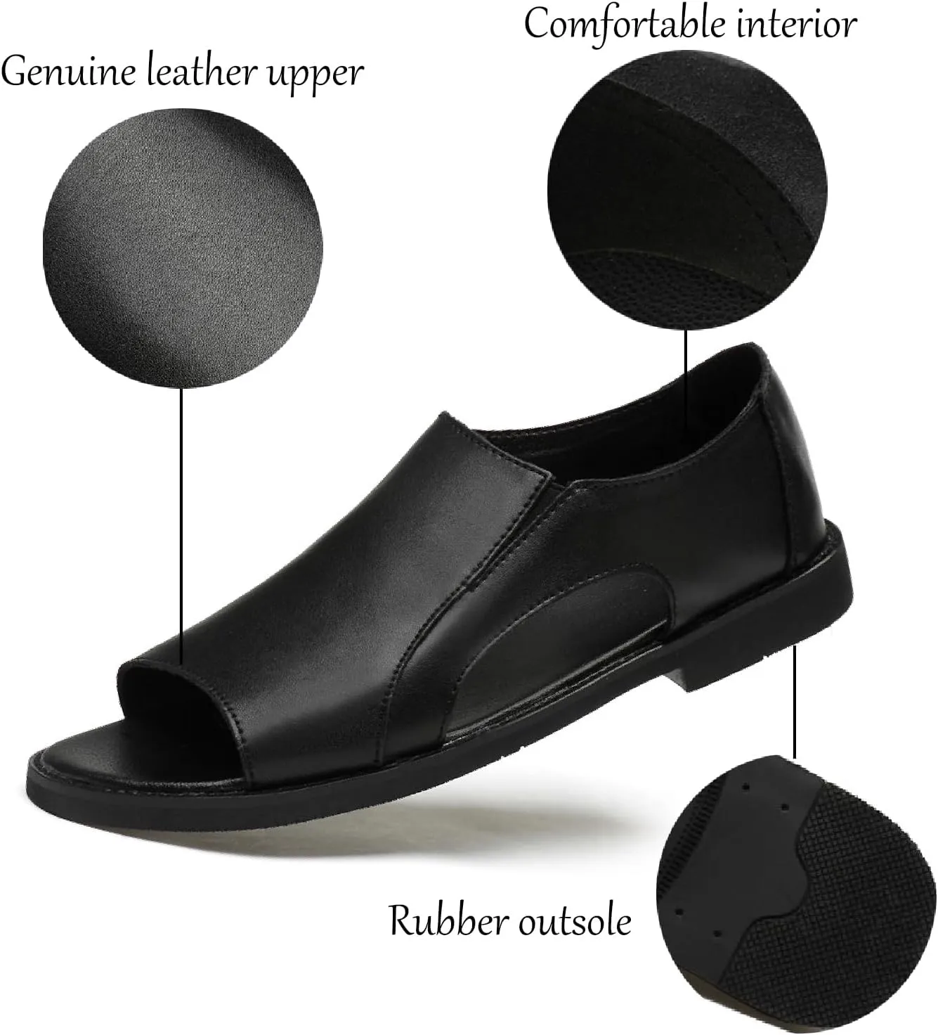 Men's Genuine Leather Cutout Water Shoes Slip On Flat Comfortable Open Toe Outdoor Casual Beach Light Weight Fisherman Sandals