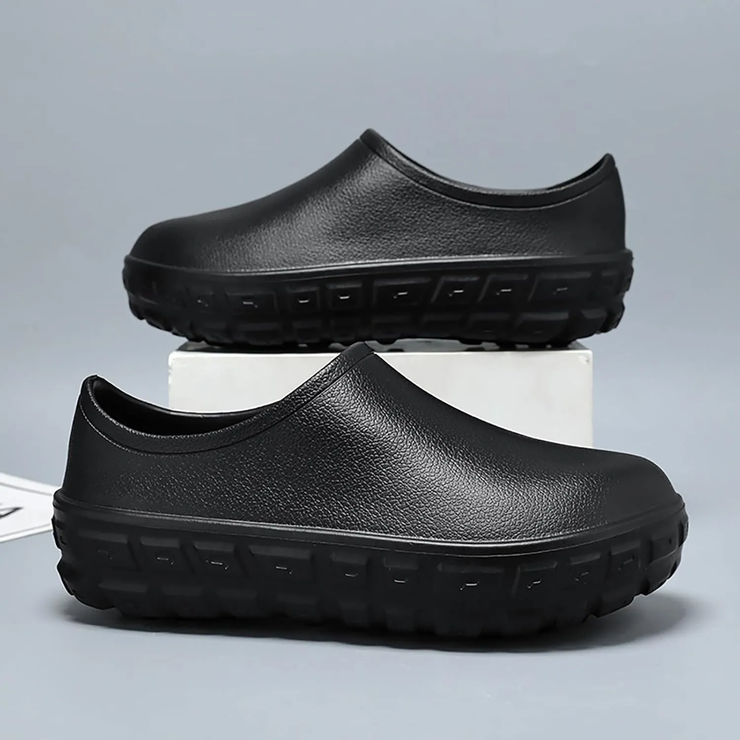 Men's Leather Slip-On Platform Chef Shoes Comfort Round Toe Waterproof Non Slip Soft Bottom Kitchen Loafers for Kitchen Office Nurse Shoes
