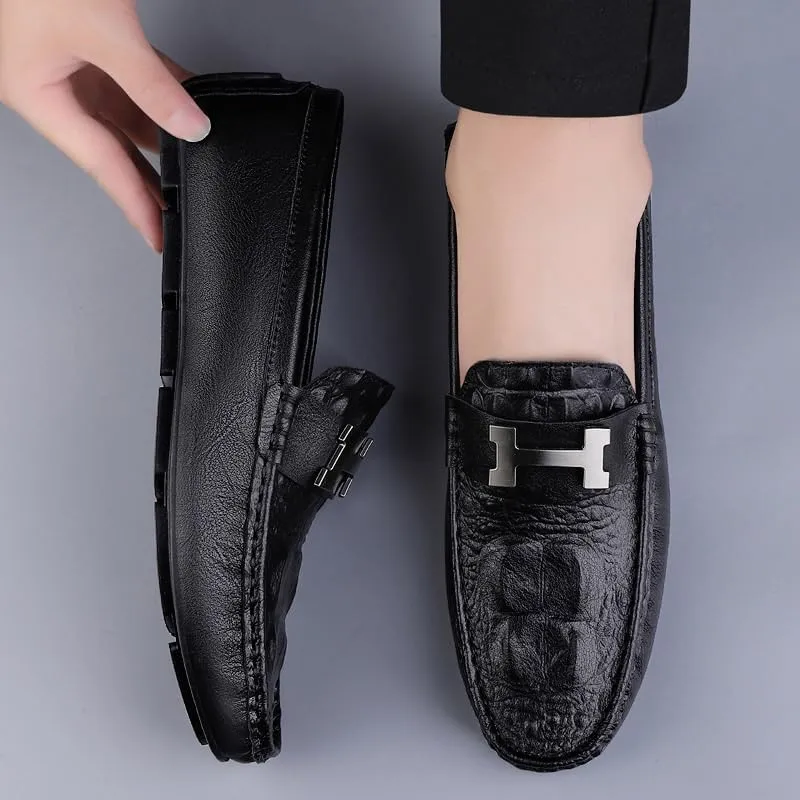 Men's Slip-On Penny Crocodile Pattern Loafers Ultra Light Genuine Leather Flat Shoes Classic Horsebit Tuxedo Wedding Shoes