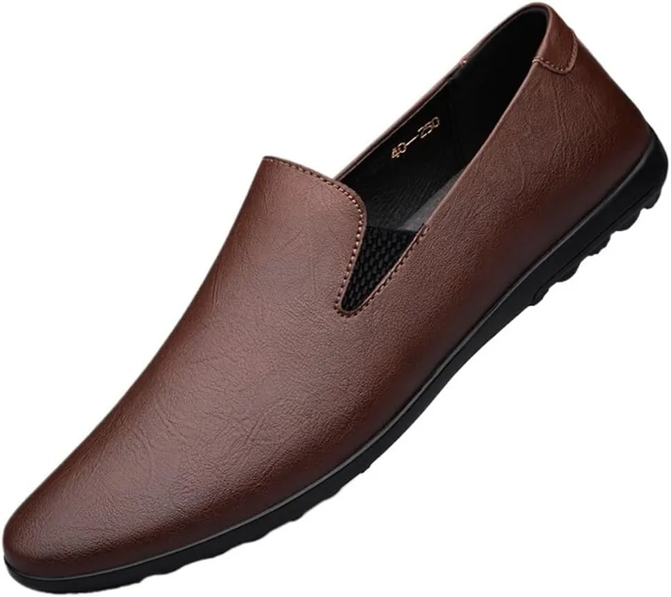 Mens Summer Soft Leather Slip On Bean Shoes Lightweight Breathable Casual Business Low Top Driving Flats