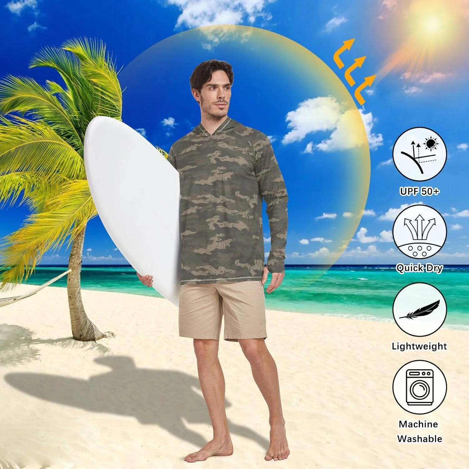 Men's Sun Protection Hoodie Long Sleeve Camo Mens Sun Shirts UPF 50  Beach Hoodies UV Rashguard for Men