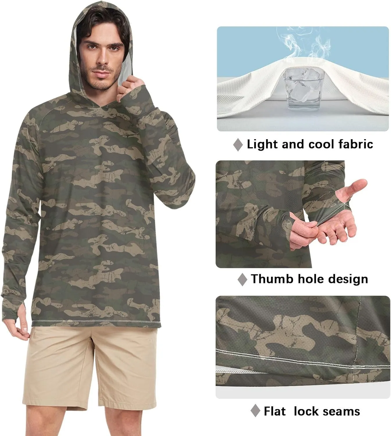 Men's Sun Protection Hoodie Long Sleeve Camo Mens Sun Shirts UPF 50  Beach Hoodies UV Rashguard for Men