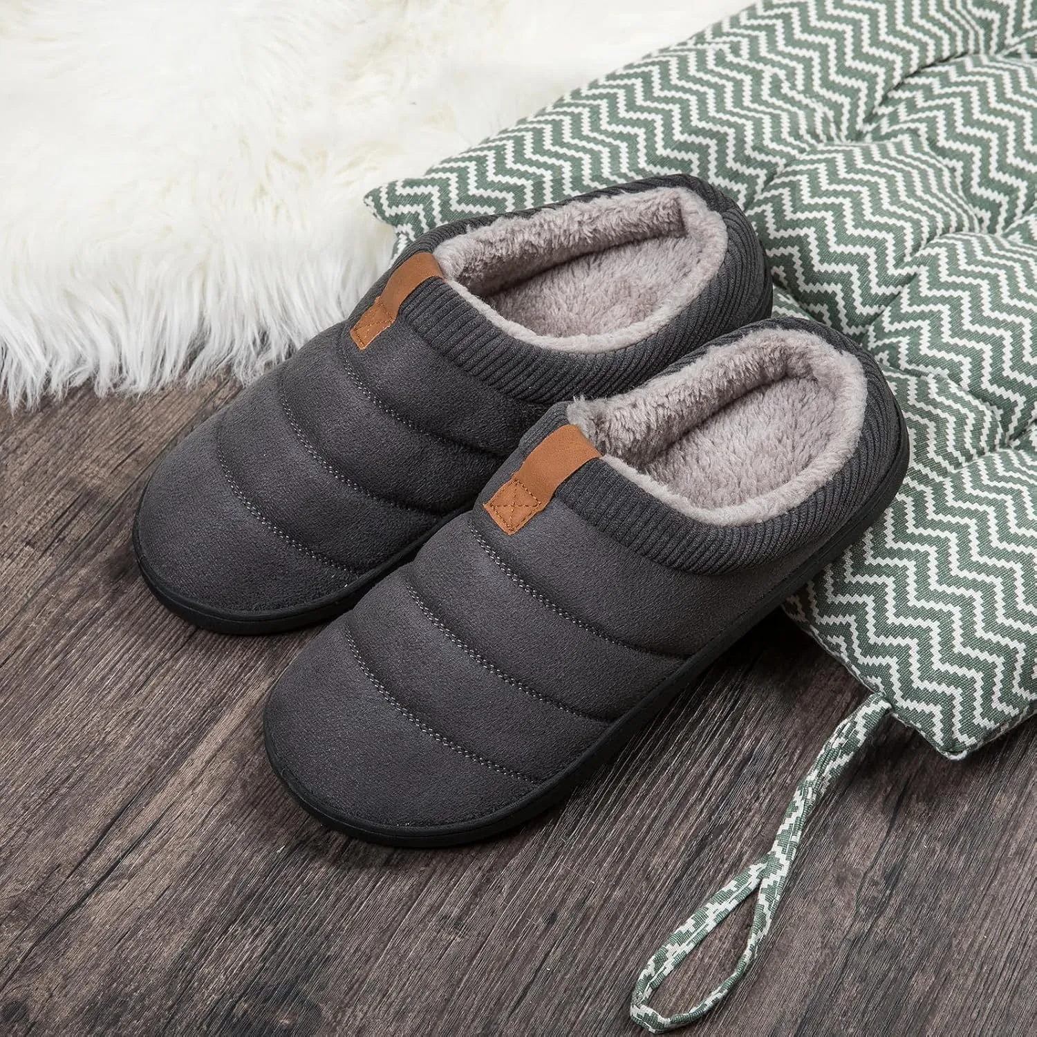 Men's Warm Memory Foam Slippers Suede Plush Shearling Lined Slip on Indoor Outdoor Clog House Shoes