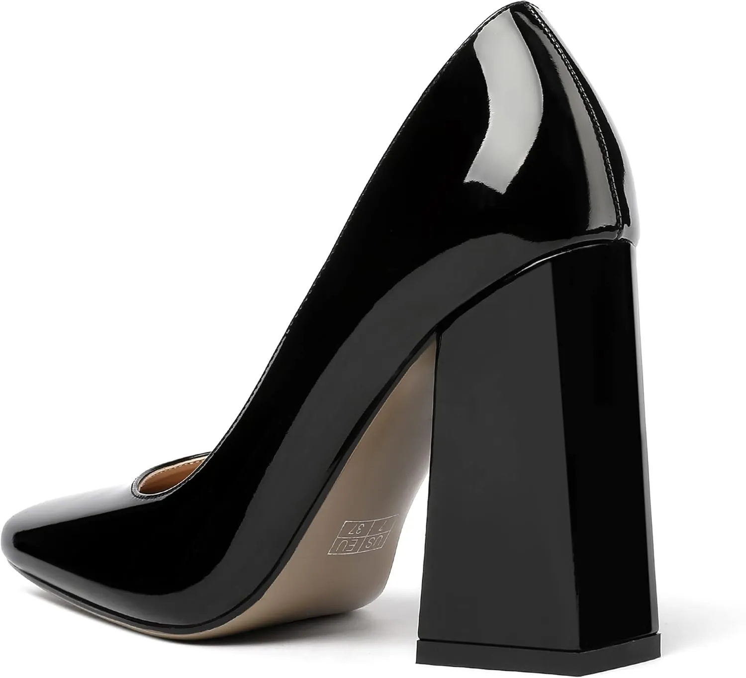 MERRORI Women's Patent Block Square Toe Solid Slip On Chunky High Heel Pumps Shoes 4 Inch