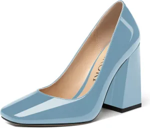 MERRORI Women's Patent Block Square Toe Solid Slip On Chunky High Heel Pumps Shoes 4 Inch