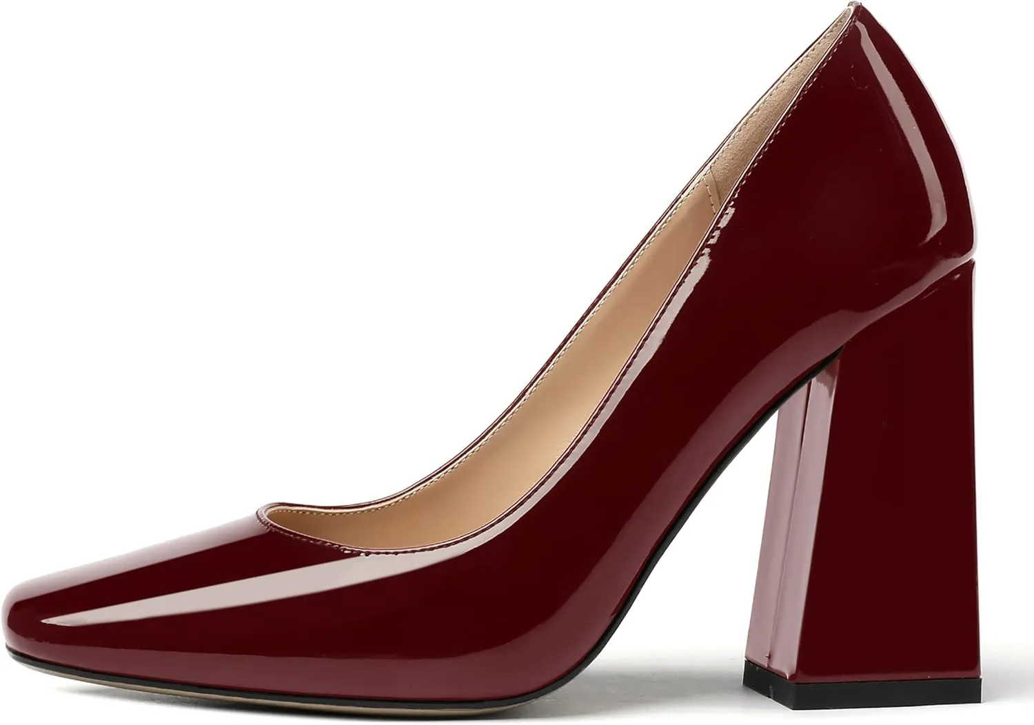 MERRORI Women's Patent Block Square Toe Solid Slip On Chunky High Heel Pumps Shoes 4 Inch