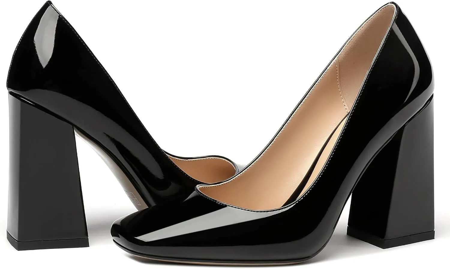 MERRORI Women's Patent Block Square Toe Solid Slip On Chunky High Heel Pumps Shoes 4 Inch