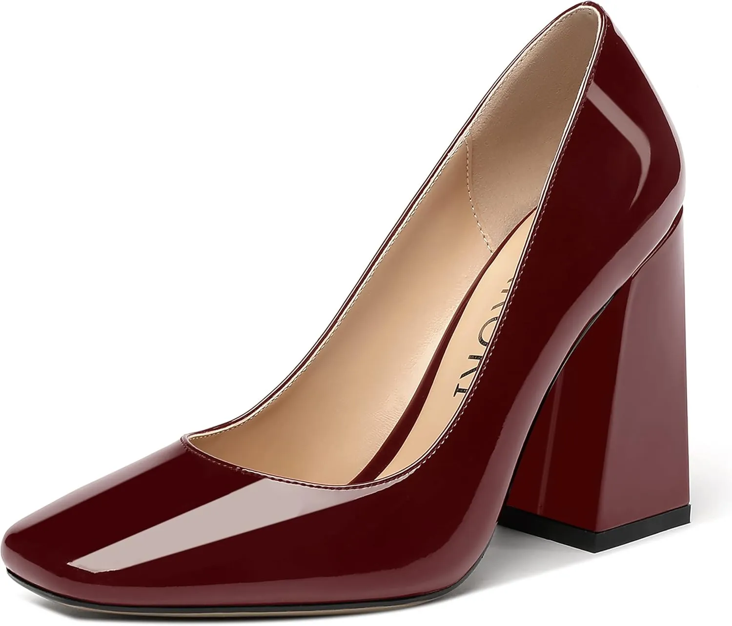 MERRORI Women's Patent Block Square Toe Solid Slip On Chunky High Heel Pumps Shoes 4 Inch