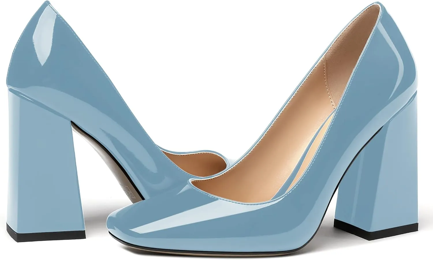 MERRORI Women's Patent Block Square Toe Solid Slip On Chunky High Heel Pumps Shoes 4 Inch