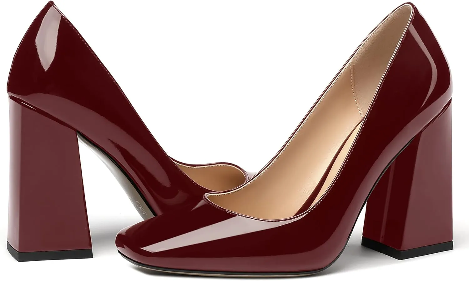 MERRORI Women's Patent Block Square Toe Solid Slip On Chunky High Heel Pumps Shoes 4 Inch