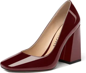 MERRORI Women's Patent Block Square Toe Solid Slip On Chunky High Heel Pumps Shoes 4 Inch