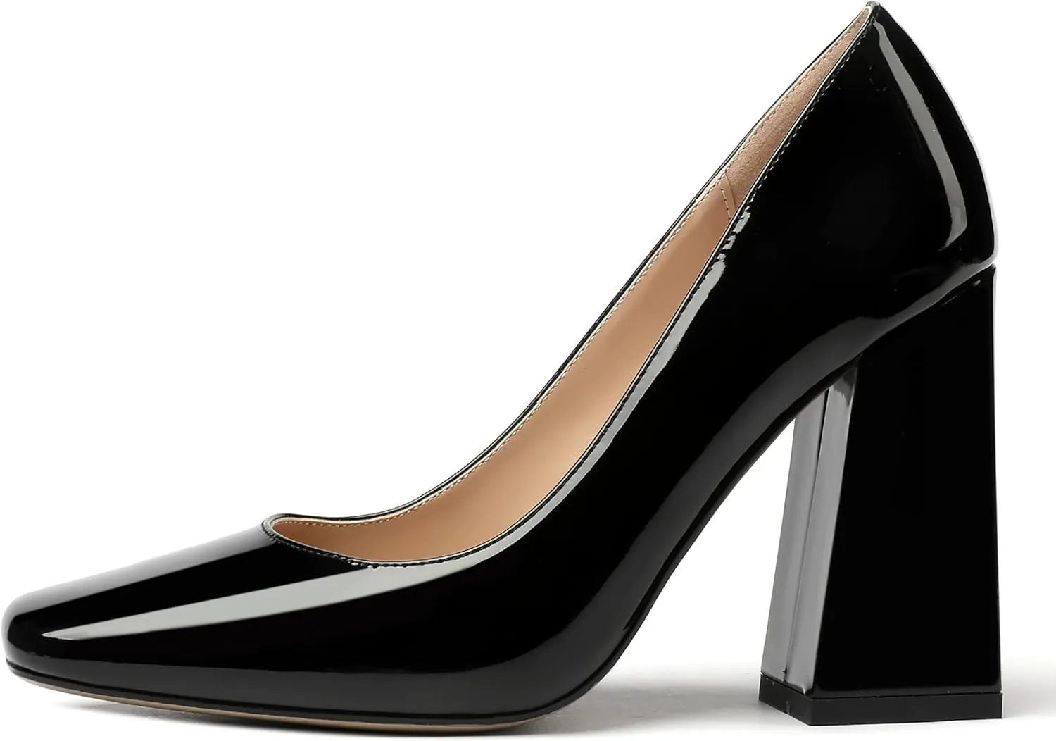 MERRORI Women's Patent Block Square Toe Solid Slip On Chunky High Heel Pumps Shoes 4 Inch