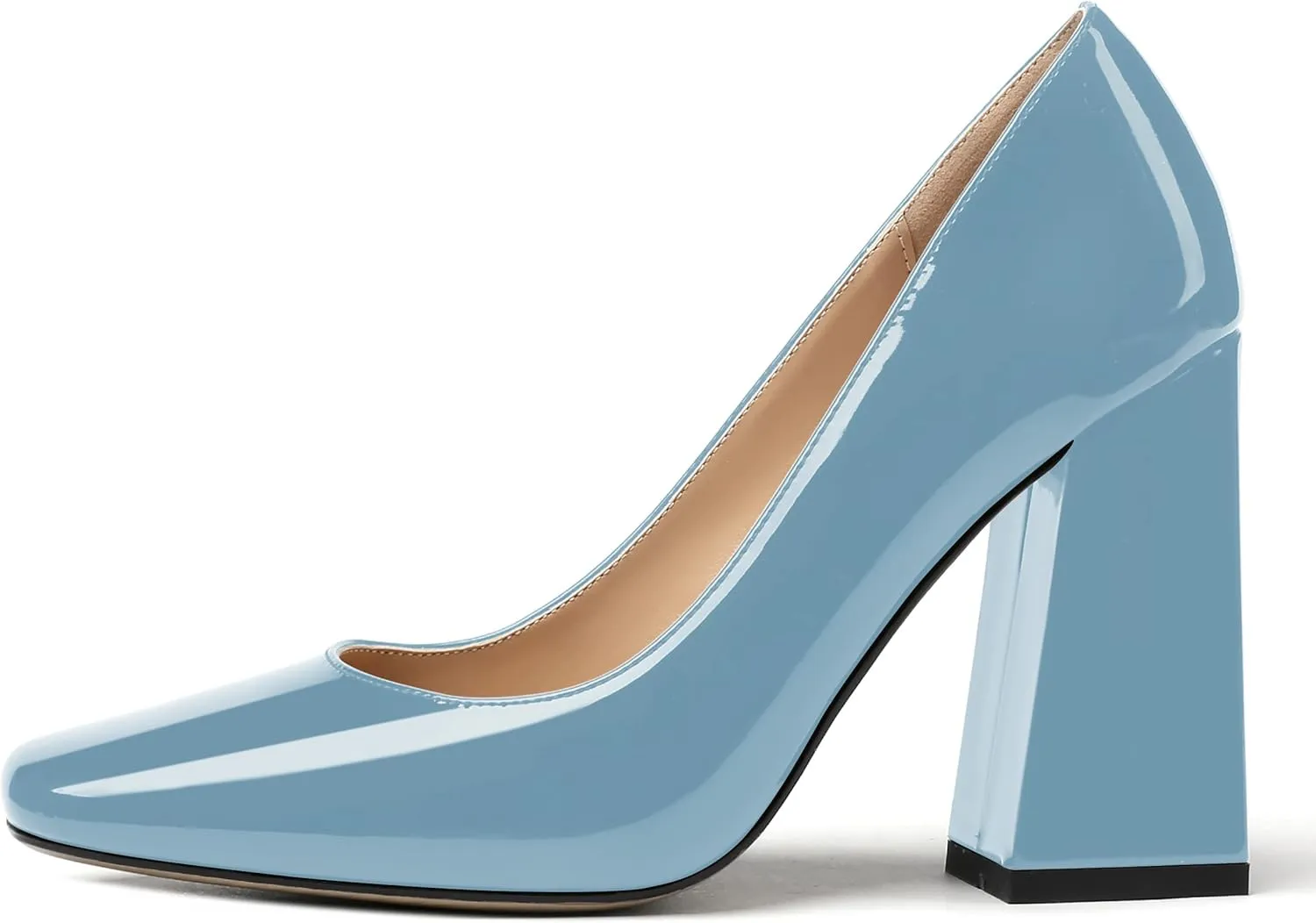 MERRORI Women's Patent Block Square Toe Solid Slip On Chunky High Heel Pumps Shoes 4 Inch