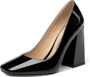 MERRORI Women's Patent Block Square Toe Solid Slip On Chunky High Heel Pumps Shoes 4 Inch