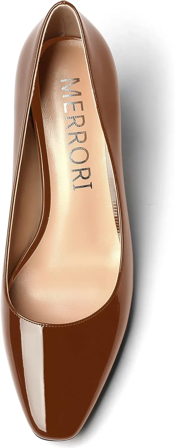 MERRORI Women's Patent Square Toe Slip On Solid Stiletto Mid Heel Pumps Shoes 2.5 Inch