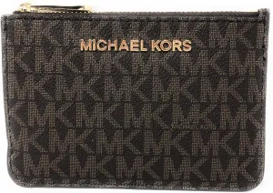Michael Kors Jet Set Travel Small Top Zip Signature Leather Coin Pouch ID Card Case Wallet In Brown/Acorn