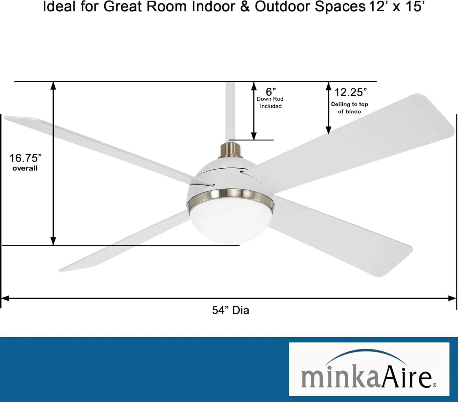 MINKA-AIRE F623L-WHF/BN Orb 54 Inch Ceiling Fan with Integrated 16W LED Light in Flat White/Brushed Nickel Finish