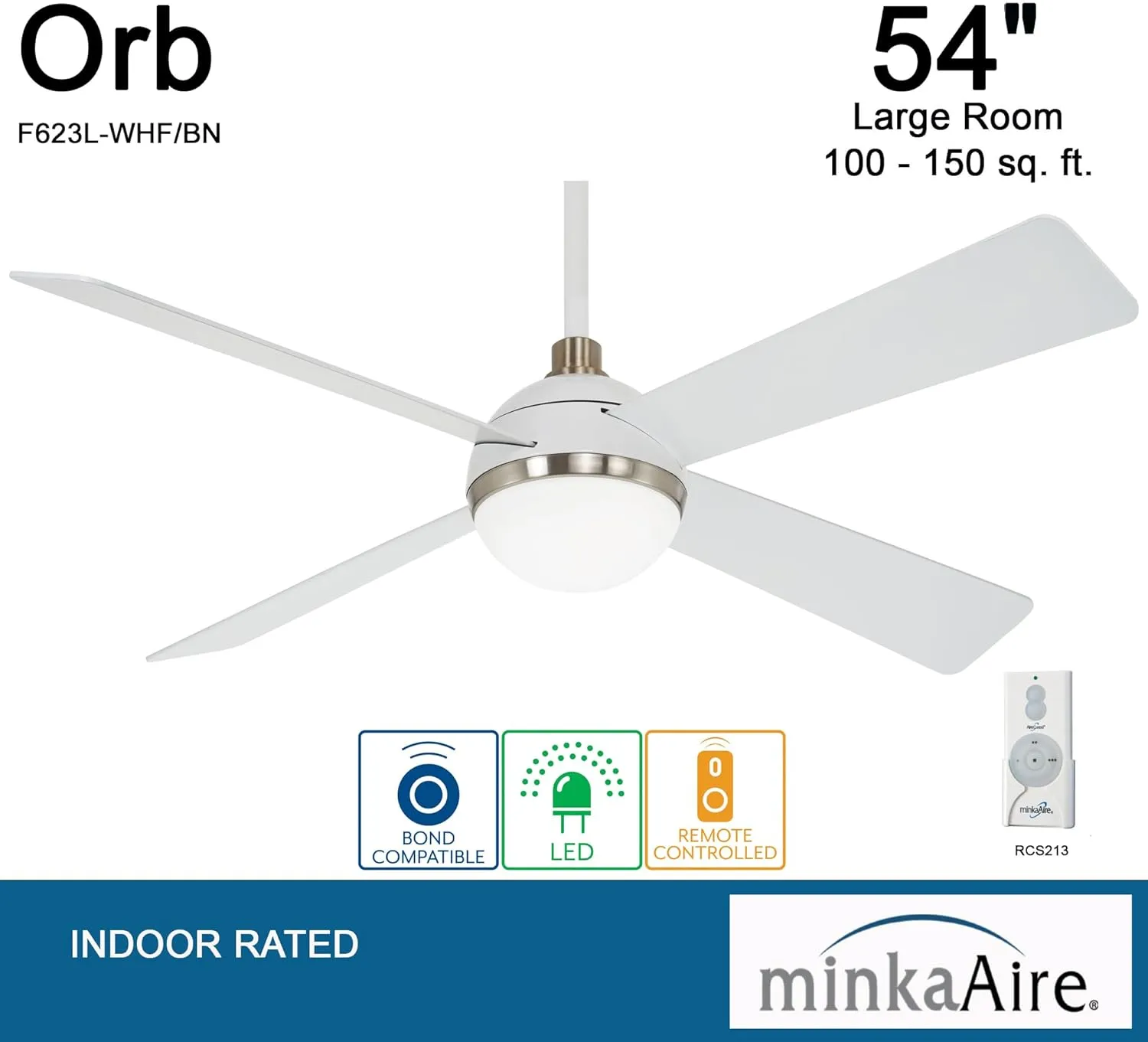 MINKA-AIRE F623L-WHF/BN Orb 54 Inch Ceiling Fan with Integrated 16W LED Light in Flat White/Brushed Nickel Finish