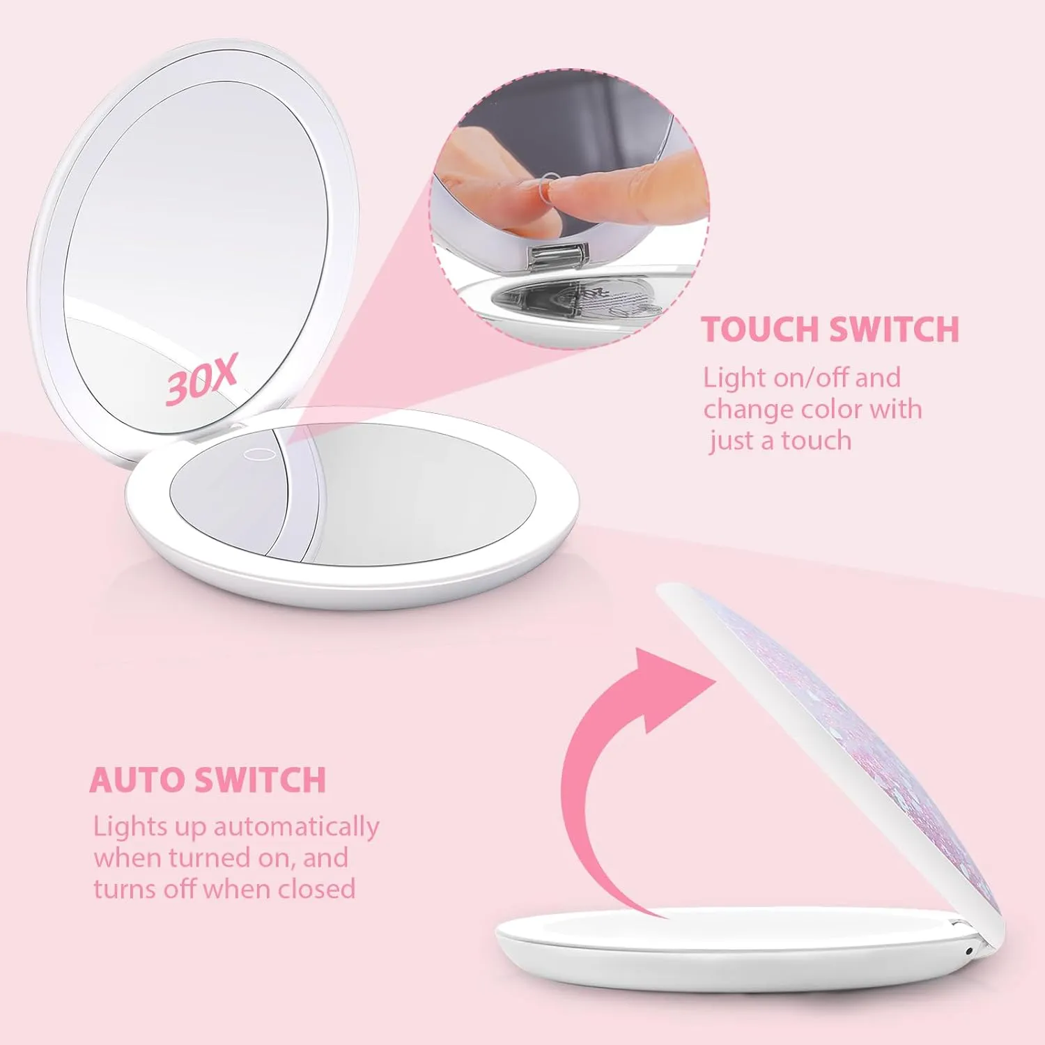 MIYADIVA 30x Magnifier Mirror with Light,LED Magnifying Travel Magnifying Mirror,Makeup Mirror with Magnification,2 Sided USB Rechargeable Touch Screen Vanity Mirror,4.8 Inch,Pink