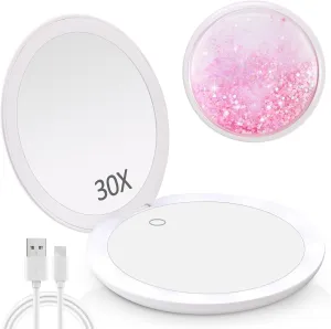 MIYADIVA 30x Magnifier Mirror with Light,LED Magnifying Travel Magnifying Mirror,Makeup Mirror with Magnification,2 Sided USB Rechargeable Touch Screen Vanity Mirror,4.8 Inch,Pink